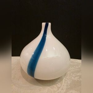 Handblown Minimalist Encased Glass White & Cobalt Striped Globe Bud Vase